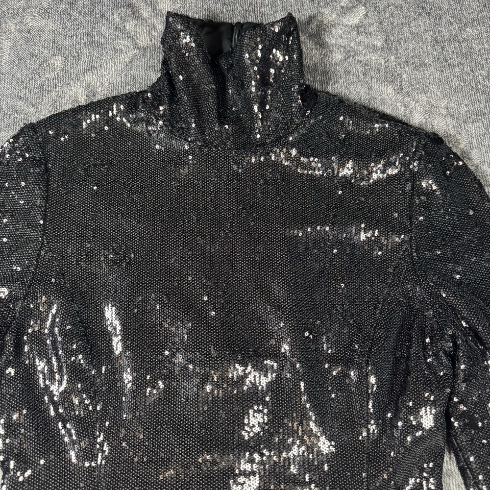 L'ECOLE DES FEMMES Women's Size Large Black Sequin Turtleneck Zip Back Dress - Picture 2 of 16